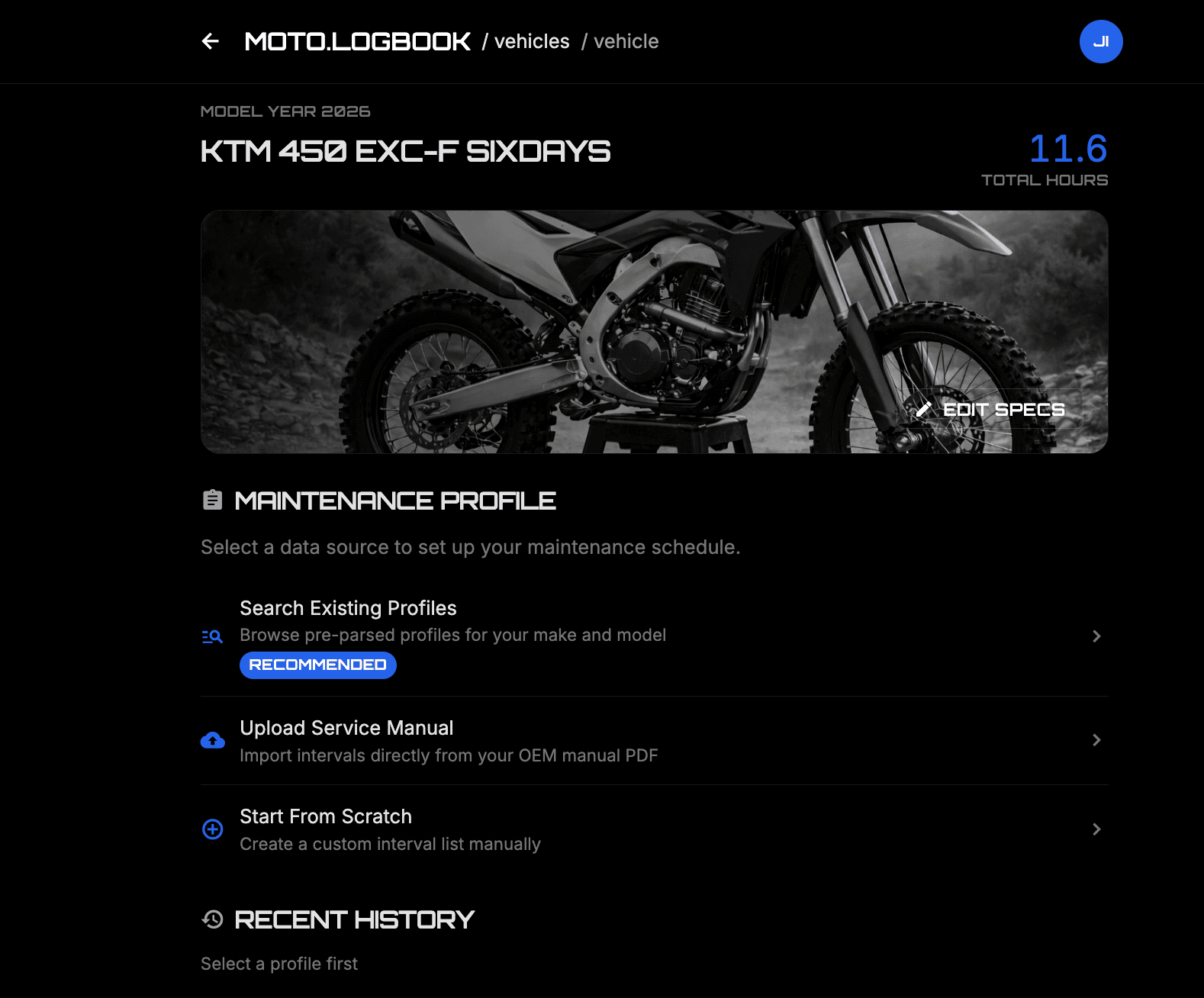 MOTO.LOGBOOK vehicle details screen